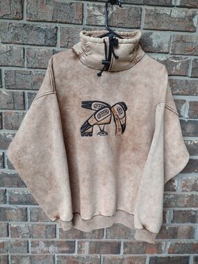 VTG Fuzzy Stonewash Sweatshirt Canada Mens L Brown Native Bird 1/4 Zip Neck 90's
